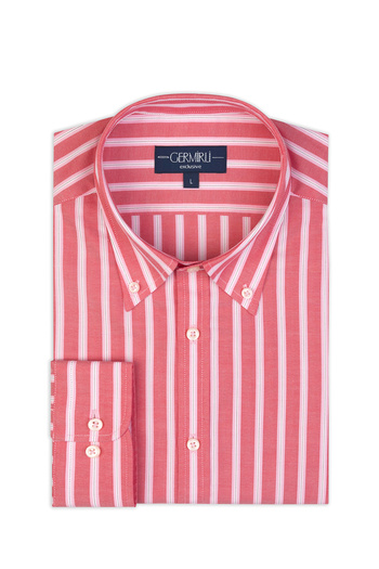 Germirli Albini Red Pink Striped Button Collar Cotton Exclusive Shirt