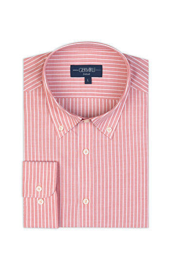 Germirli Albini Salmon Color Striped Button Collar Tailor Fit Cotton Shirt