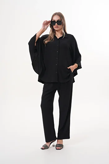 Miss Dünya Lissa Front Button Shirt Collar Bat Sleeve Maternity and Maternity Bottom-Top Set