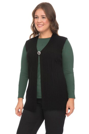 Uludağ Triko Women's Black Corded Embroidered V-Neck Seasonal Knitwear Mother Summer Vest
