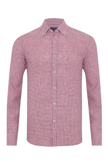 Germirli Albini Cherry White Gingham Button Collar Tailor Fit Delave Linen Shirt