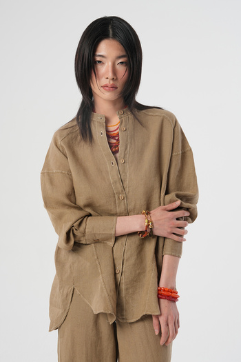 Orfeo Negro Women's 100% Linen Judge Collar Shirt with Cord Detail