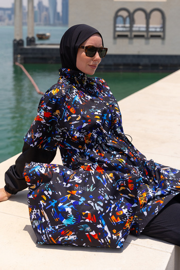 Minel Women's Black Full Covered Hijab Swimsuit Short Set of 2 -062