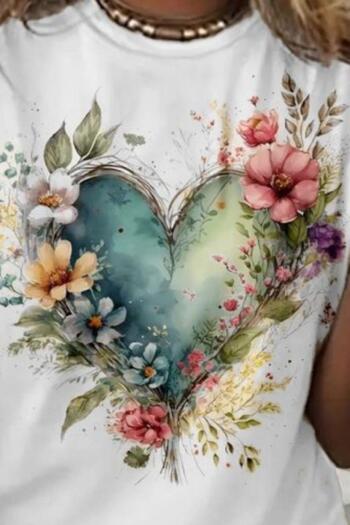 Mossta Short Sleeve Crew Neck Heart Patterned Single Jersey Blouse - White