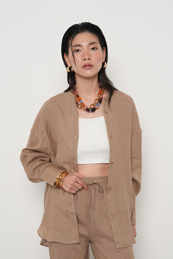 Orfeo Negro Women's 100% Linen Judge Collar Shirt with Cord Detail