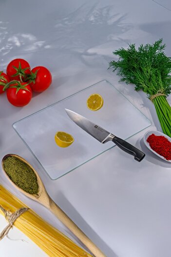 Miabella Home Şeffaf Cam Kesme Tahtası, Kesme Tablası  Kenarları Oval, Antibakteriyal, Sunum Tahtas