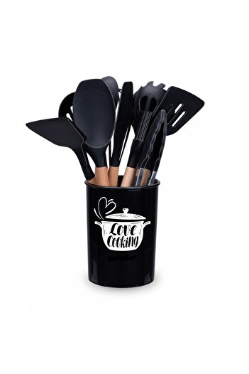 KRASINO Love cooking by Krasino kitchen utensil set, black, silicone, wood, metal, 12 pieces