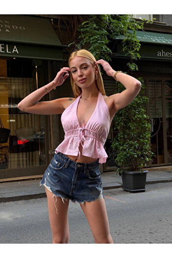 hazelin Women's Pink Halter Neck Open Back Linen Blouse Hzl24S-Zk11081
