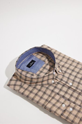 Tudors Men's Big Size Large Size Buttoned Collar Small Checkered Cotton Shirt