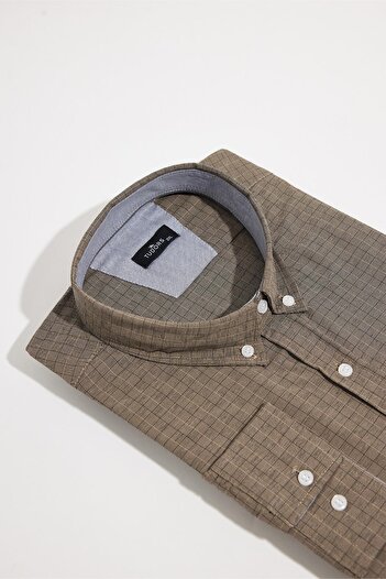 Tudors Men's Big Size Large Size Buttoned Collar Small Checkered Cotton Shirt