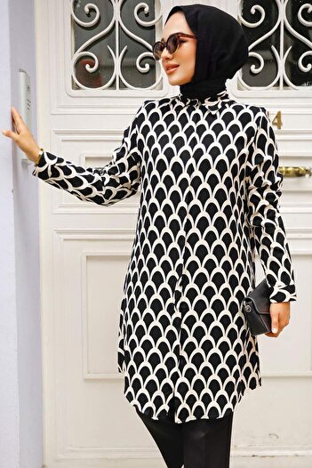 Neva Style Patterned Black Hijab Tunic 11686S