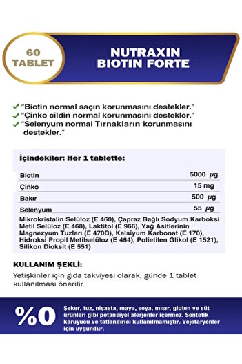 Nutraxin Biotin Forte 5.000 Mcg 60 Tbl 2 li Paket- Biyotin, Çinko, Selenyum, Bakır