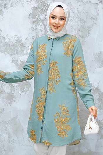 Neva Style Green Patterned Hijab Tunic - 11720Cy