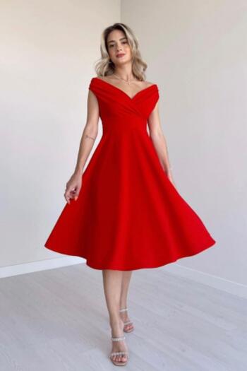 Mossta Off Shoulder Skirt Flounced Crepe Dress - Red