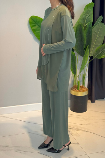 Ceremony Side and Hem Chiffon Accessory Detailed Wide Leg Sandy Suit 59101 Khaki