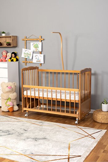 Bamgidoo Ahşap Beşik Anne Yanı Beşik Doğal (VERNİKLİ) 60x120 - Uyku Setsiz Tek Yataklı Tekerlekli
