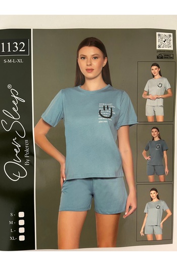 Over Sleep by Poleren Set pantaloni scurți pentru femei cu mâneci scurte din țesătură 100% bumbac pieptănat