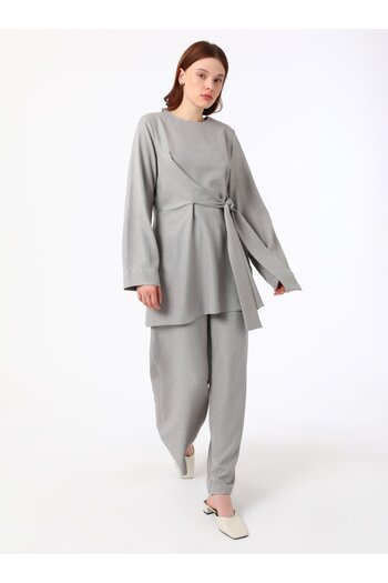 Refka Tunic Trousers Double Set with Tie Detail - Gray - Refka