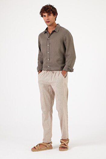 VENA Men's Alfred Elastic Waist Brown Striped Linen Trousers