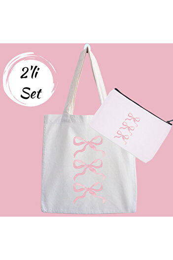 designedfy Set of 2 Cloth Bags and Makeup Bags with Pink Bow Campaign
