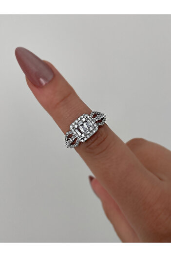 JELLY Women's Steel Silver Color Diamond Setting Sparkling Zircon Baguette Stone Square Model Design Ring