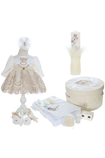 Recostore Baptism set with Swan, trousseau, dress and candle, ivory-cream color, REC3149