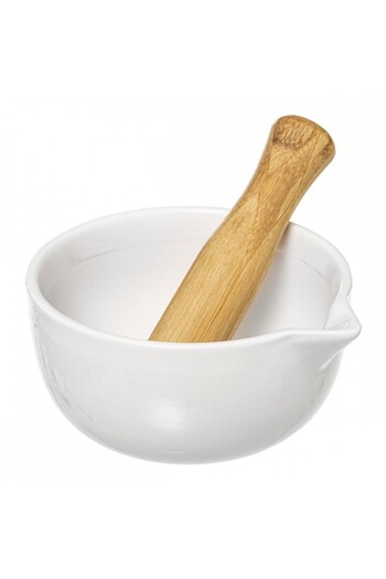 Secret de Gourmet Ceramic mortar and bamboo pestle set, 12x6.5 cm