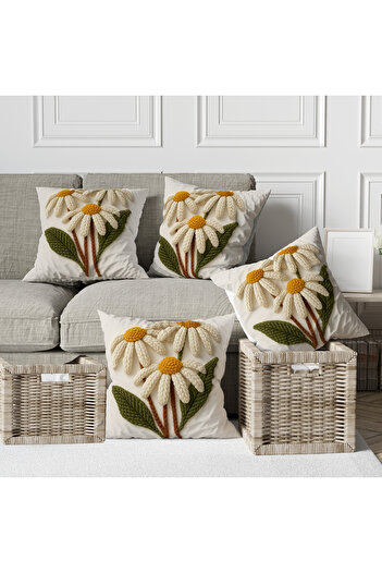 Ahsen Dekoratif Embroidery Patterned Papatya Digital Print Luxury Velvet 43X43 Set of 4 Throw Pillow Cases...