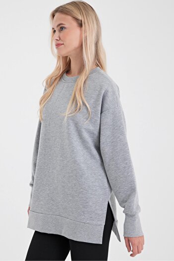 VENA Women's Crew Neck Gray Melange Side Slit Regular Fit 3 Thread Sweatshirt