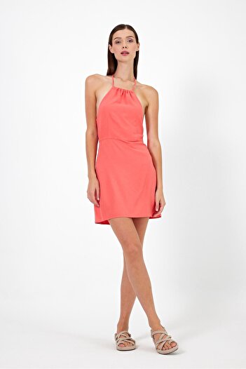 VENA Pomegranate Flower Patterned - Valeri Linen Women's Dress, Halter Neck