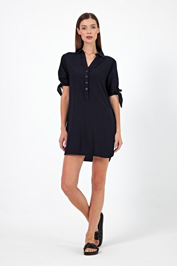 VENA Marissa Linen Dress - BlacK, Buttoned Front, Short Sleeve