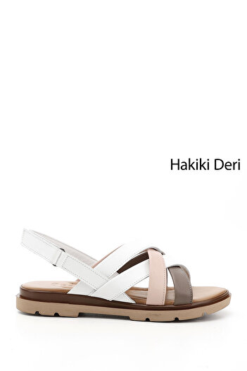 GÖNDERİ(R) Women's / Girls' White Cross-Strapped Genuine Leather Sandals