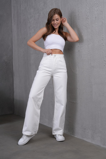 Dema White High Waist Denim Palazzo Trousers - Wide Leg Stylish Model