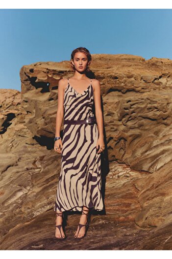 MANGO Woman Hayvan desenli drape yaka elbise