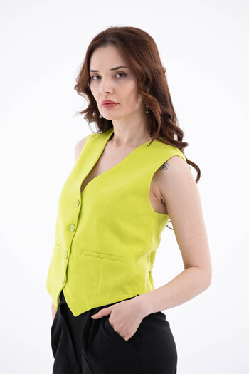 NEVEGE BUTİK Stylish Linen Women's Vest - Lined and Pistachio Green