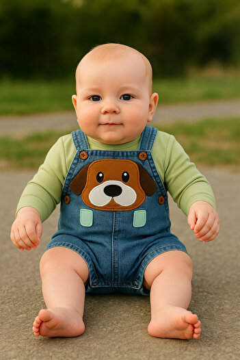 CROCODAYS Long Sleeve Unisex Children's Baby Jeans (Jeans) Dog Embroidered Badili Salopet Set of 2 (6/9/12/18) Months