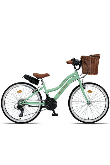 Trendbisiklet Retro Classic 24 Jant Bisiklet, Shimano 21 Vites, Hasır Sepetli Vintage Şehir Bisikleti, Mint Yeşili