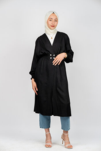 PUANT Women's Black Drawstring Detailed Snap Fastener Comfortable Fit Tunic - Long Sleeve Daily Wear Model