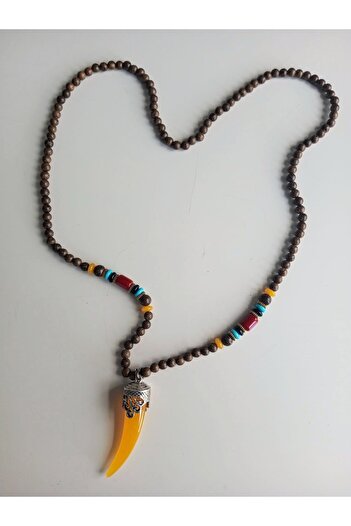 Enjoy Handmade Yellow Claw End Ethnic Necklace Natural Stone & Wood Beaded
