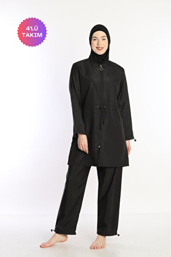 Sonne's Black Quick Dry Zippered Parachute Hijab Swimsuit - 4 Pieces Full Covered