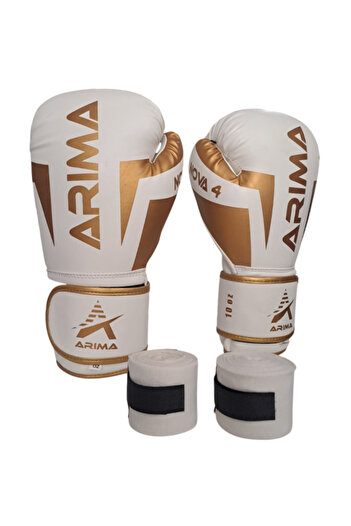 ARIMA Arıma Boxing Kickboxing Muaythai Gloves Nova-4 White-Gold + Bandage Set