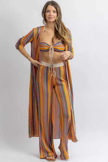 FASHION COCKTAIL 1970S Below Knee Wave Patterned Front Tie Lycra Flexible Beach Seaside Bohemian Single Kimono Kaftan