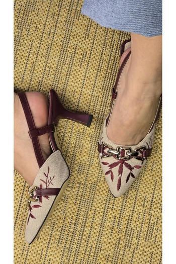 Melinta Shoes Melinta Linen Embroidered Buckle Women's Heeled Shoes