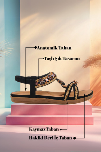 Voyager 9636 Genuine Leather Sole Women's Stone Black Sandals