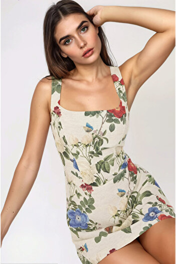 Hiccup Mini rochie cu aspect de in, cu modele florale, cu detaliu Gipe