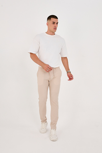 BROCARD Men's Seersucker Lycra Jogger Slimfit Waist Half Elastic Beige Fabric Trousers