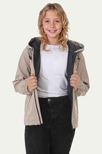 Riverstorm Girl's Stone Lined Water and Windproof Hooded Double Zipper Pocket Raincoat
