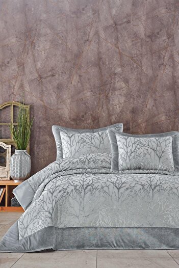 Elart Bedspread Set Double Fiber Filled Panel Velvet Spring Silver