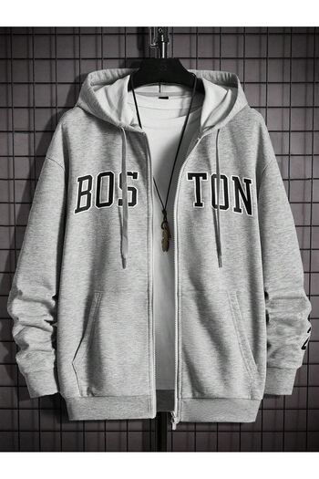 DUBU BUTİK Bos Tone Zippered Cardigan Sweatshirt - Gray Printed Oversize Winter Thick Hoodie