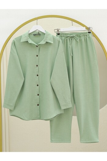 Modamorfo Buttoned Trousers Shirt Linen Suit - Water Green
